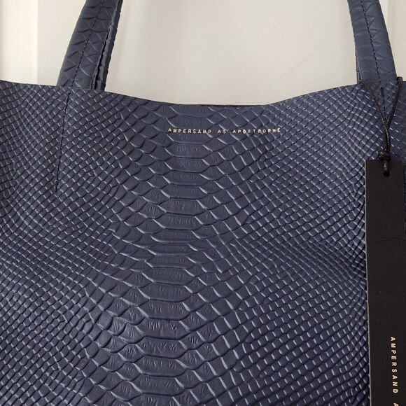 Large Leather Navy Tote Python Designer 100% Leather Ampersand As Apostrophe NWT - Picture 6 of 14